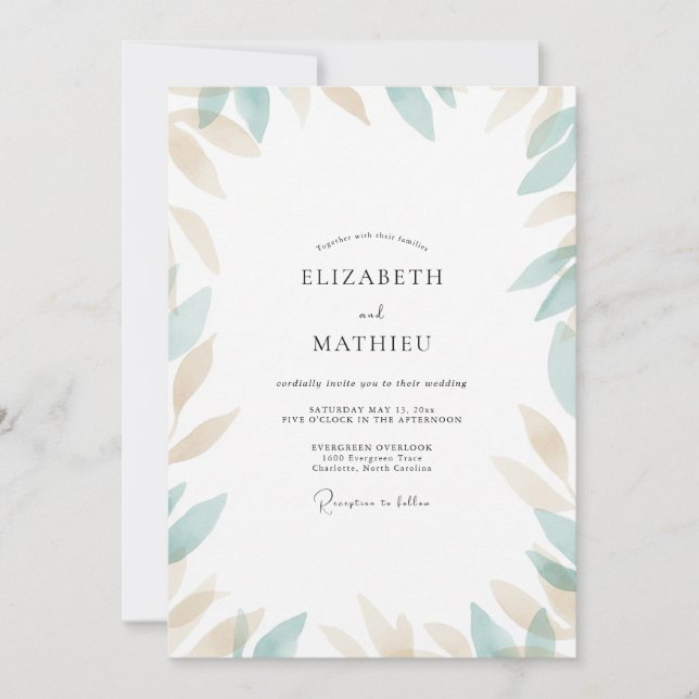 Invitation Mariage feuille champagne écume de mer (Devant)