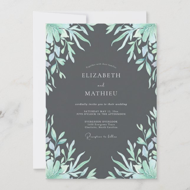 Invitation Mariage feuille Charbon de mer (Devant)