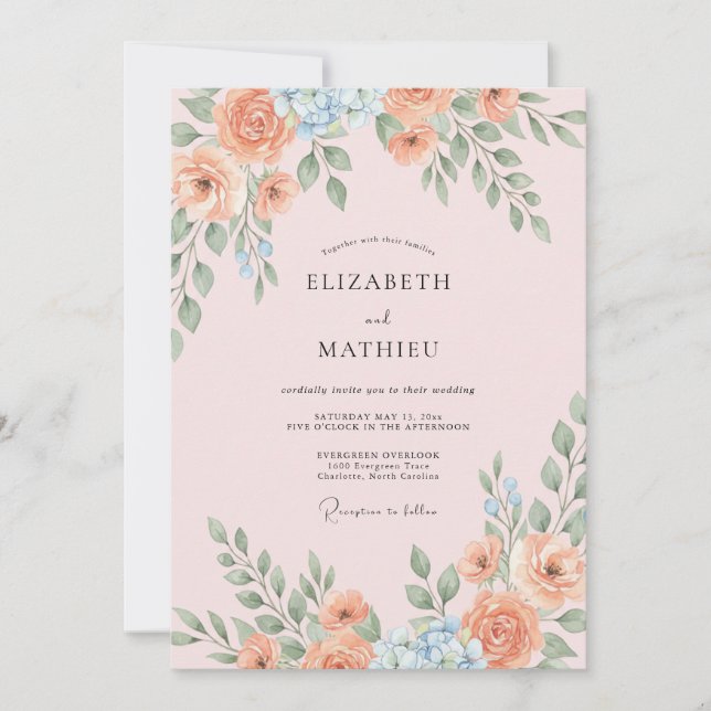 Invitation Mariage Feuille Ciel Abricot (Devant)