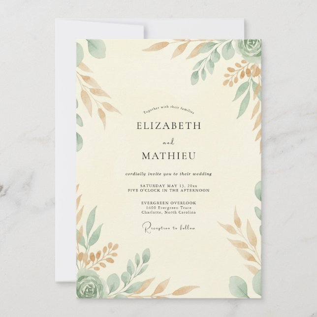 Invitation Mariage feuille crémeuse céladon (Devant)