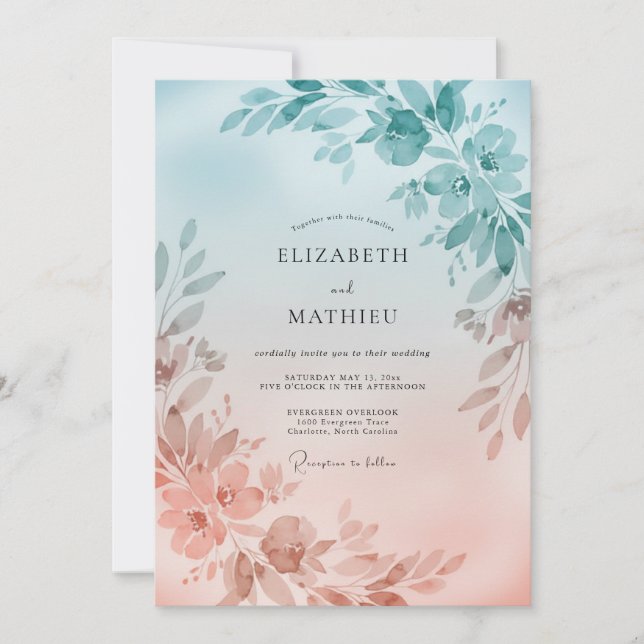Invitation Mariage Feuille d'Abricot Aqua (Devant)