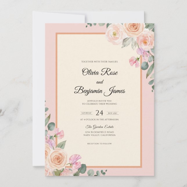 Invitation Mariage Feuille d'Abricot Rose (Devant)