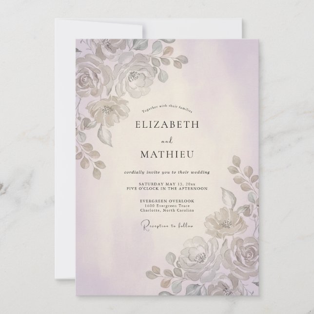 Invitation Mariage Feuille d'Améthyste Argentée (Devant)