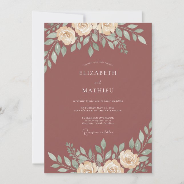 Invitation Mariage feuille d'aquarelle cuivre (Devant)