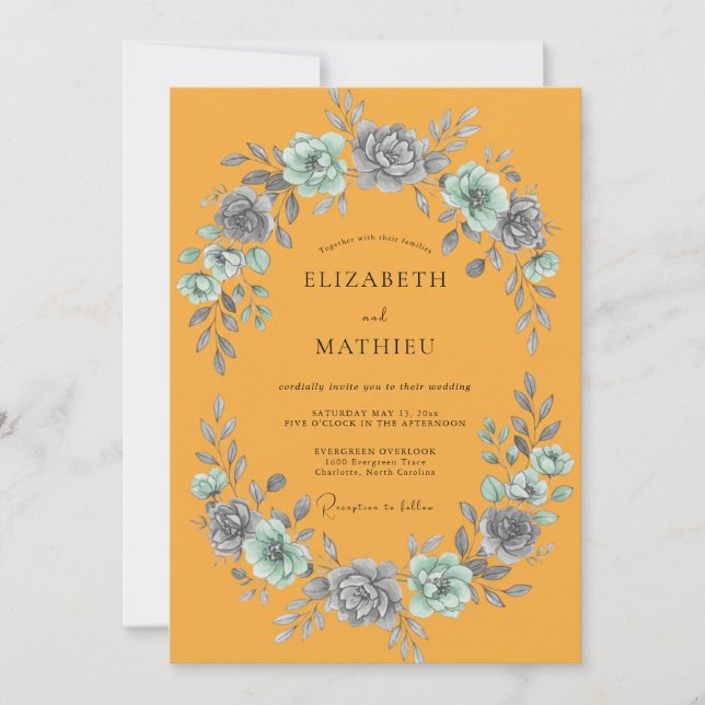 Invitation Mariage feuille d'ardoise soucis (Devant)