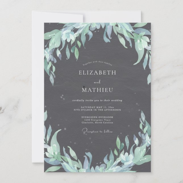Invitation Mariage feuille d'argent Charbon (Devant)