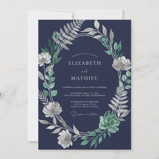 Invitation Mariage Feuille d'Argent de Minuit (Devant)