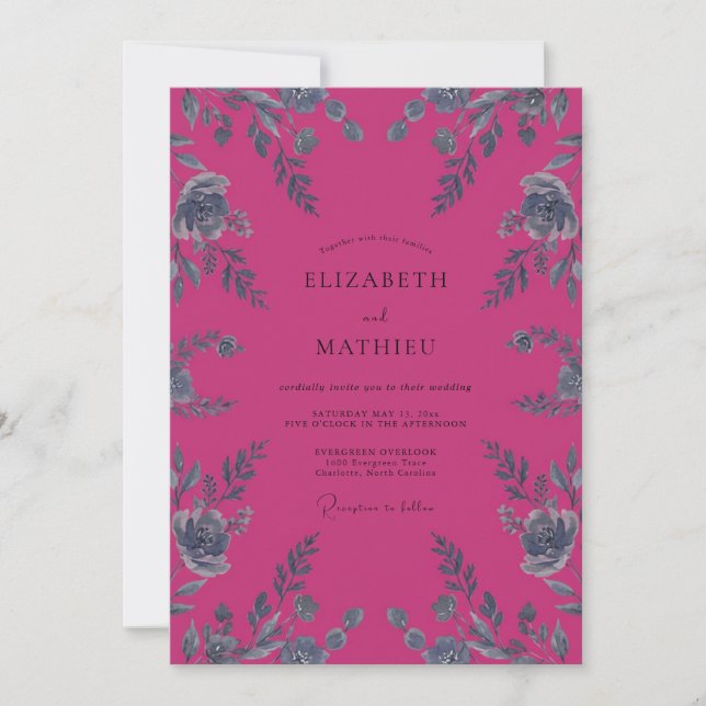 Invitation Mariage Feuille d'Argent Magenta (Devant)