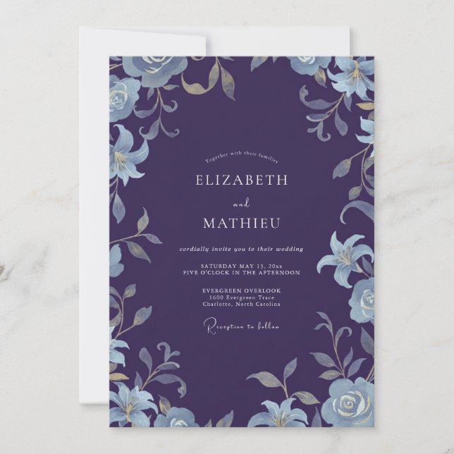 Invitation Mariage feuille d'argent prune (Devant)