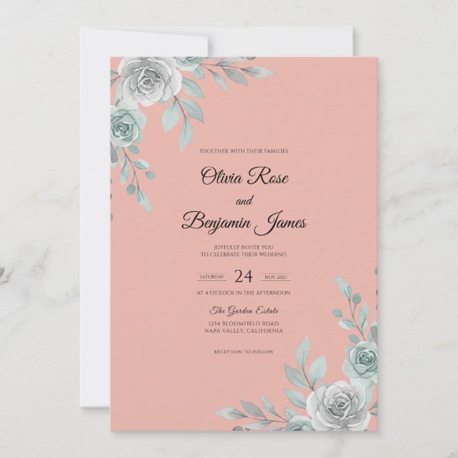 Invitation Mariage feuille d'argent saumon (Devant)