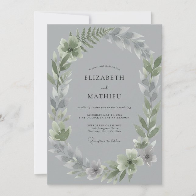 Invitation Mariage Feuille d'Argent sur Fond Ardoise (Devant)