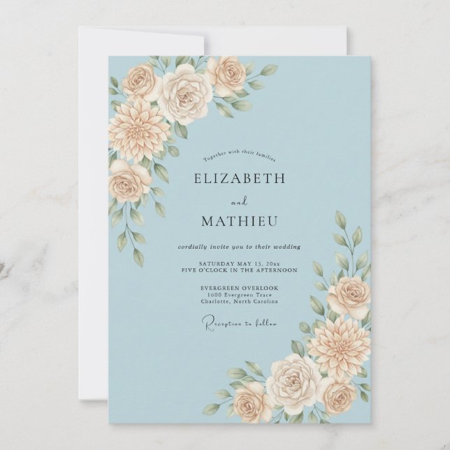 Invitation Mariage feuille d'azur Champagne (Devant)