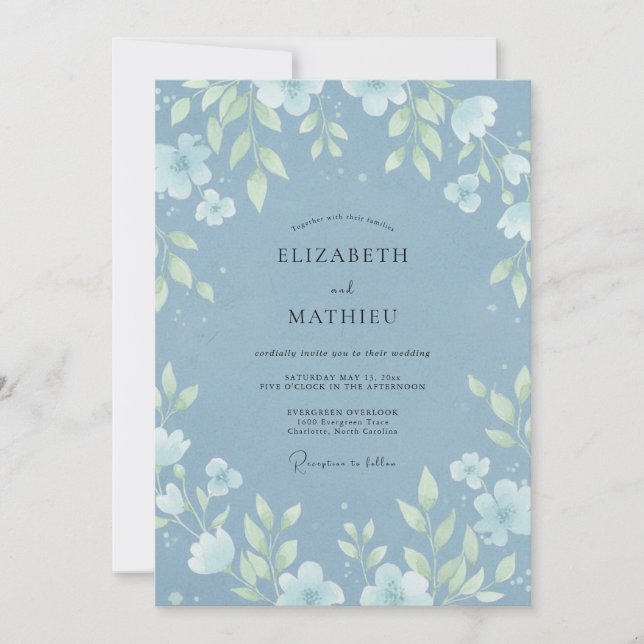 Invitation Mariage Feuille de Bleu Acier (Devant)