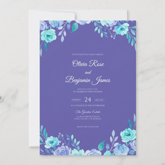 Invitation Mariage feuille de bleu-myosotis sarcelle (Devant)