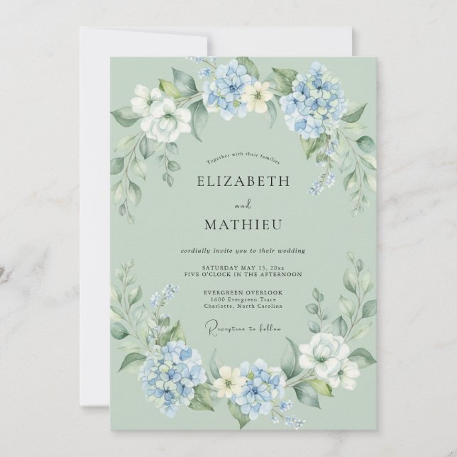 Invitation Mariage Feuille de Bleuet Mousse de Mer (Devant)
