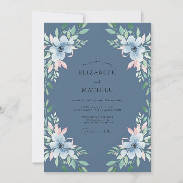 Invitation Mariage Feuille de Bleuet sur Fond Ardoise (Devant)