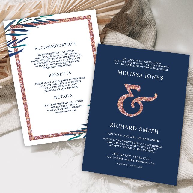 Invitation Mariage Feuille de Branche Bleu Navy Or Rose Amper (Créateur téléchargé)