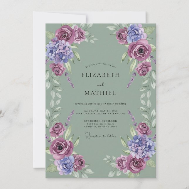 Invitation Mariage Feuille de Céladon Améthyste Mauve (Devant)