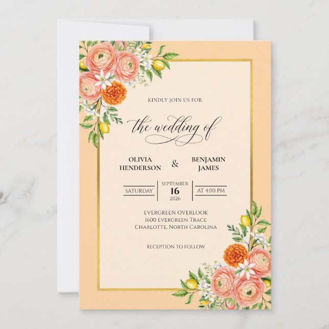 Invitation Mariage Feuille de Citron Pêche (Devant)