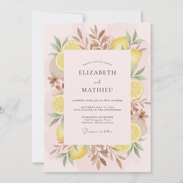 Invitation Mariage Feuille de Citron Rose (Devant)