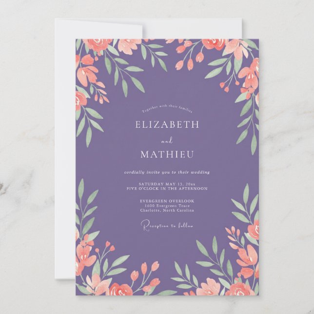 Invitation Mariage feuille de corail améthyste (Devant)