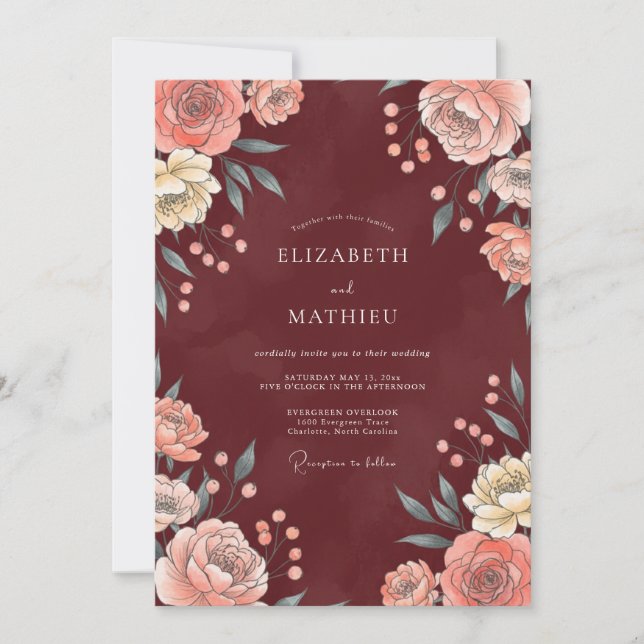 Invitation Mariage feuille de corail de Bourgogne (Devant)