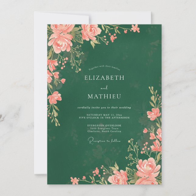 Invitation Mariage feuille de corail émeraude (Devant)