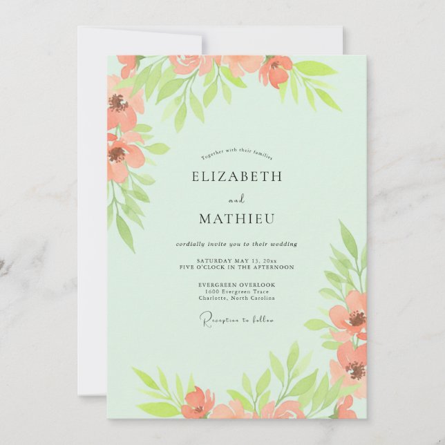 Invitation Mariage Feuille de Corail Menthe (Devant)