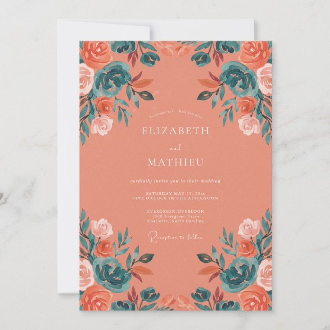 Invitation Mariage feuille de corail sarcelle (Devant)