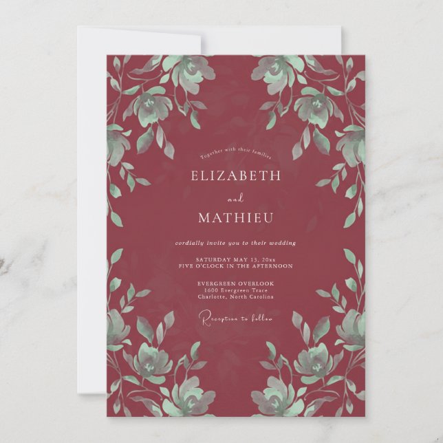 Invitation Mariage Feuille de Cramoisi Profond (Devant)