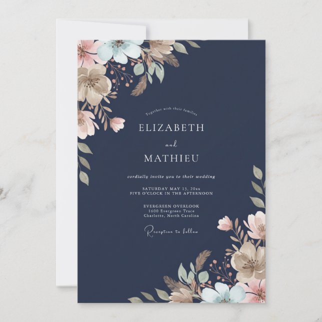 Invitation Mariage Feuille de Crème d'Ivoire de Minuit (Devant)