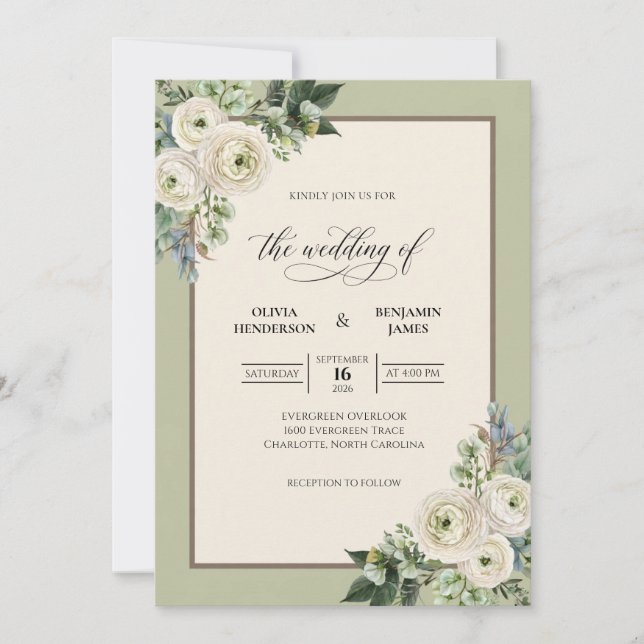 Invitation Mariage feuille de crème d'olive (Devant)