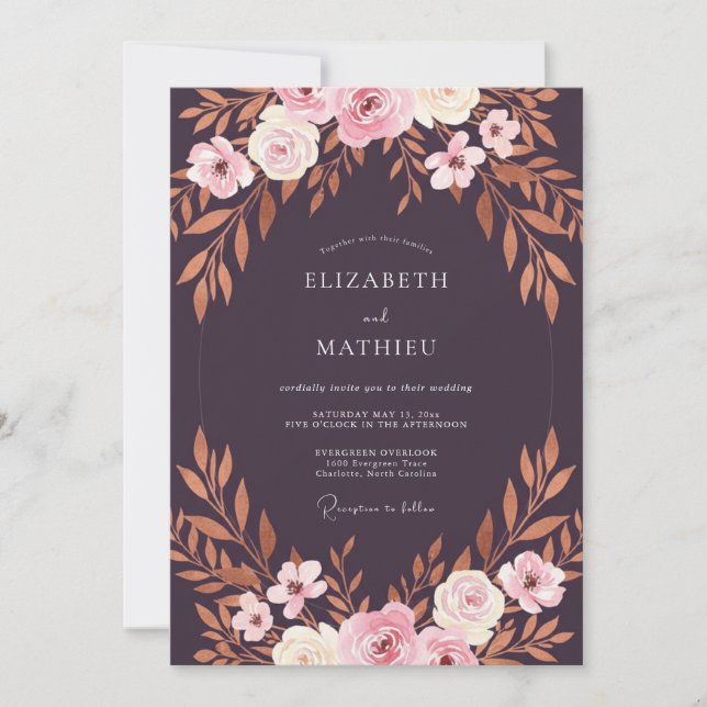 Invitation Mariage feuille de cuivre prune (Devant)
