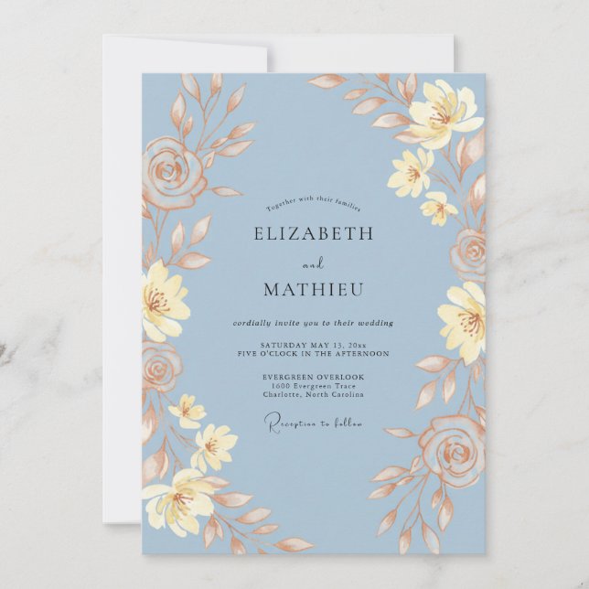 Invitation Mariage Feuille de Fleur Céruléen (Devant)
