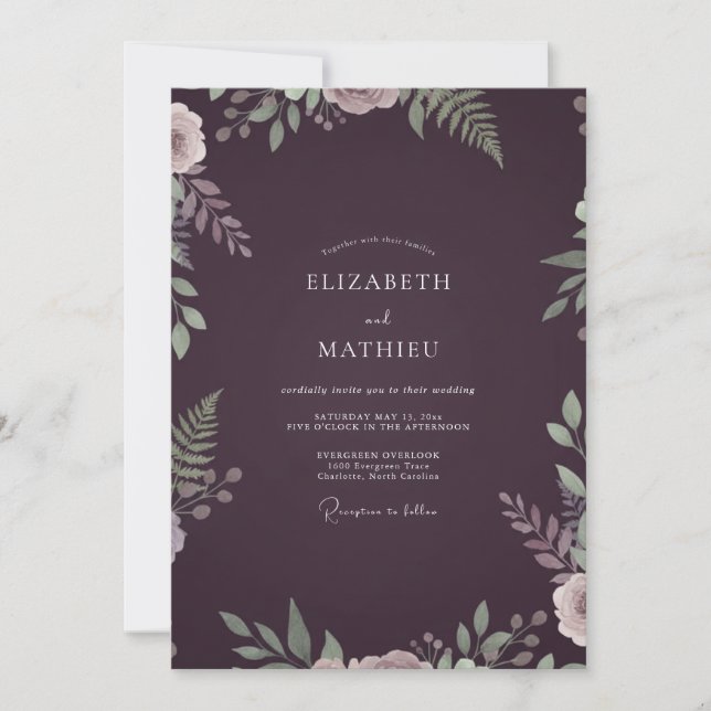 Invitation Mariage feuille de fougère aubergine (Devant)