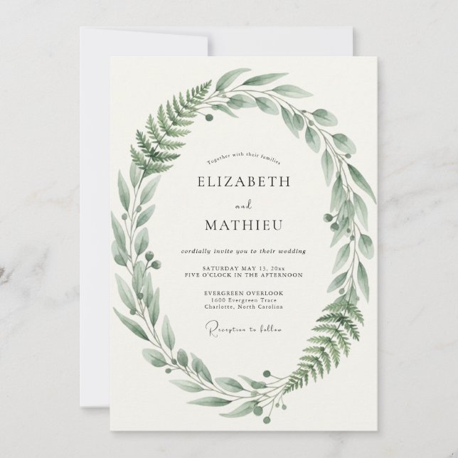 Invitation Mariage Feuille de Fougère Olive (Devant)