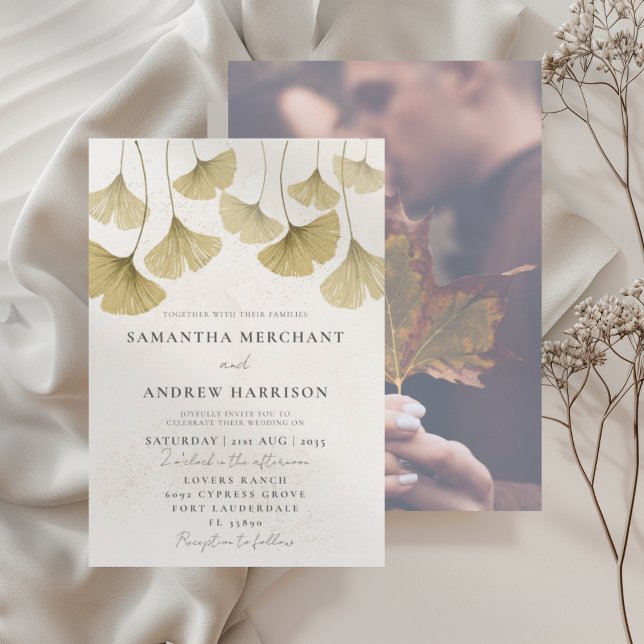 Invitation Mariage feuille de Ginkgo aquarelle or moderne (Créateur téléchargé)