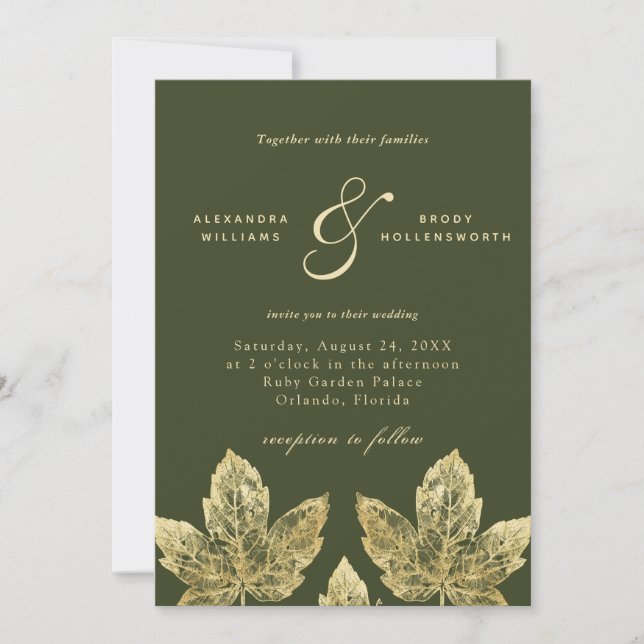 Invitation Mariage Feuille  de la gamme Verte et Or Rustique  (Devant)
