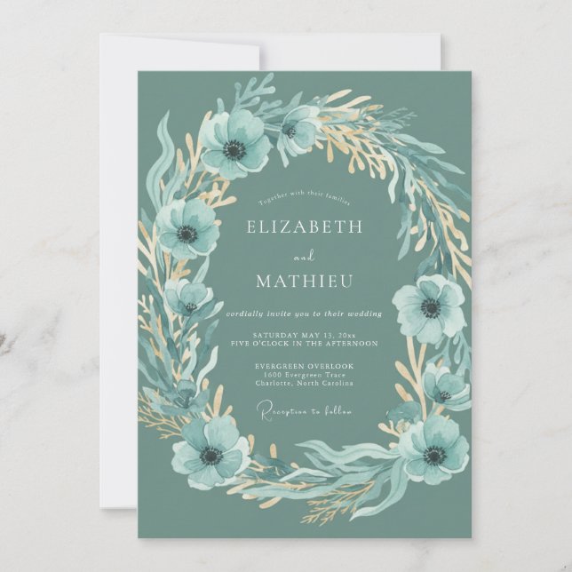 Invitation Mariage feuille de l'anémone sarcelle (Devant)