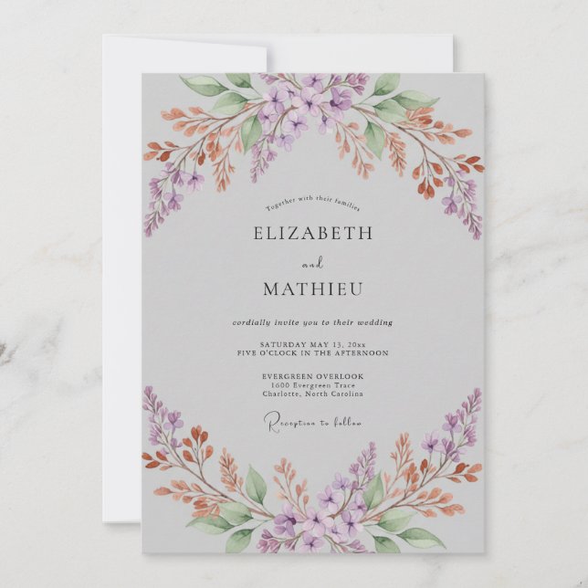 Invitation Mariage Feuille de Lilas Argenté (Devant)