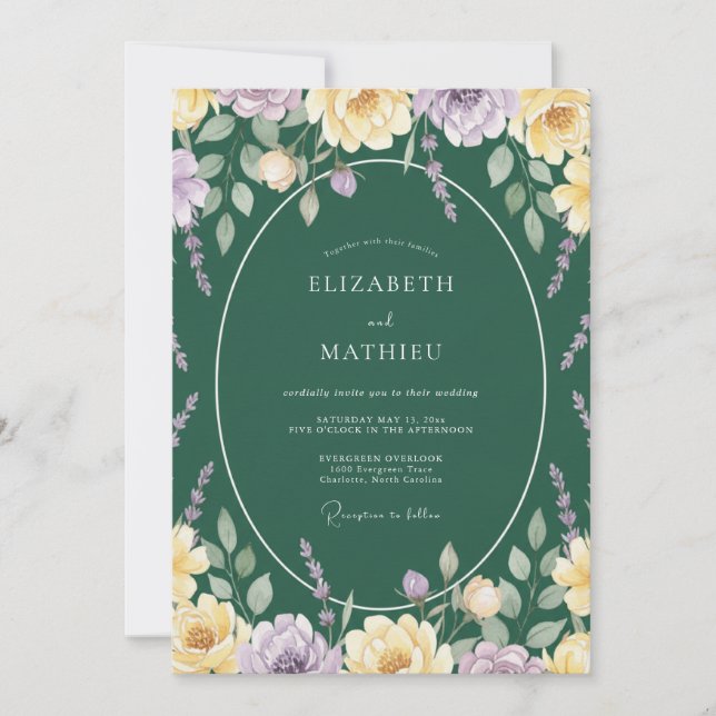 Invitation Mariage feuille de lilas doré émeraude (Devant)