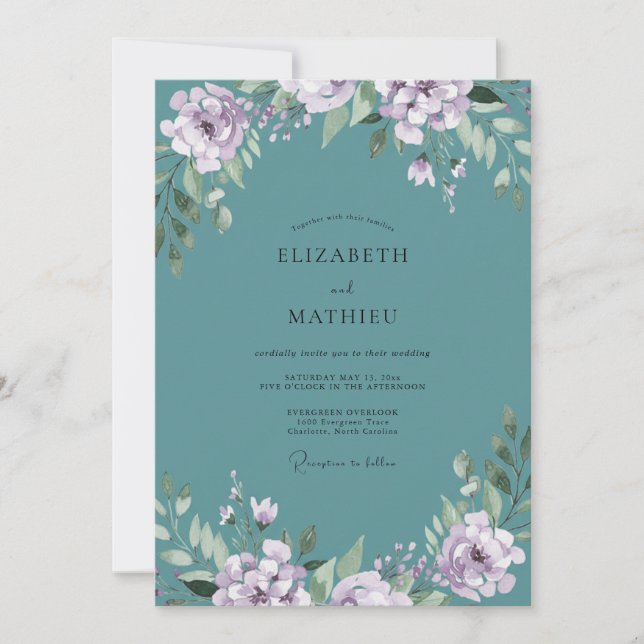 Invitation Mariage Feuille de Lilas Sarcelle (Devant)