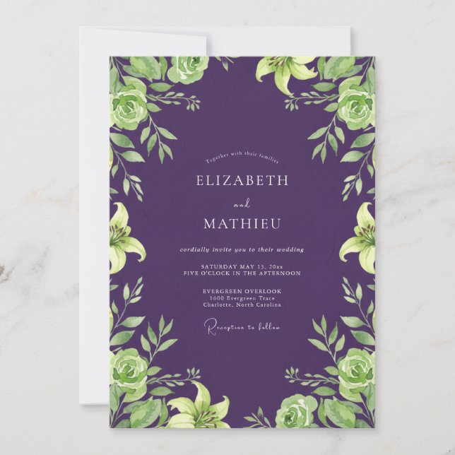Invitation Mariage feuille de lime aubergine (Devant)