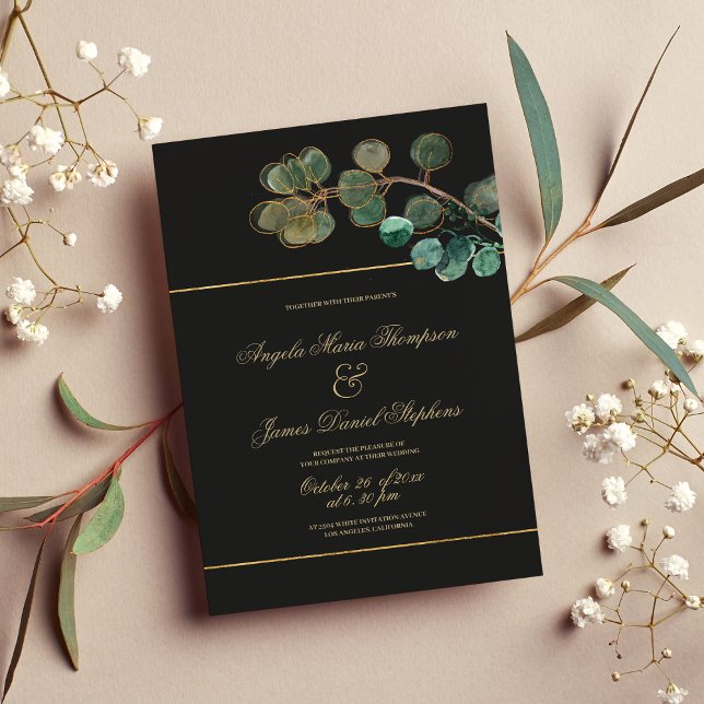 Invitation Mariage feuille de luxe noir or vert eucalyptus  (Luxury black gold green eucalyptus leaves wedding)