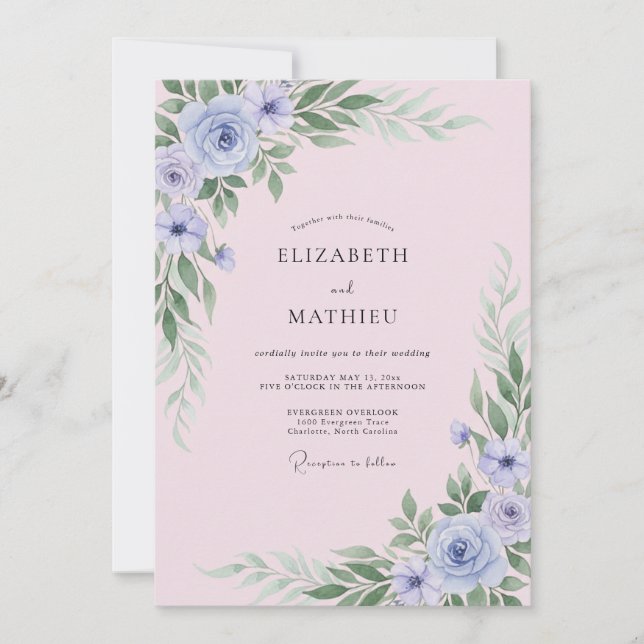 Invitation Mariage feuille de mariée aux tons de pervenche (Devant)