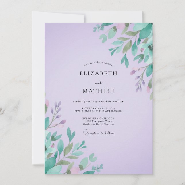 Invitation Mariage feuille de menthe améthyste (Devant)