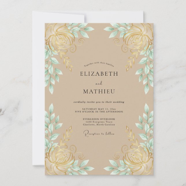 Invitation Mariage feuille de menthe aquarelle Champagne (Devant)