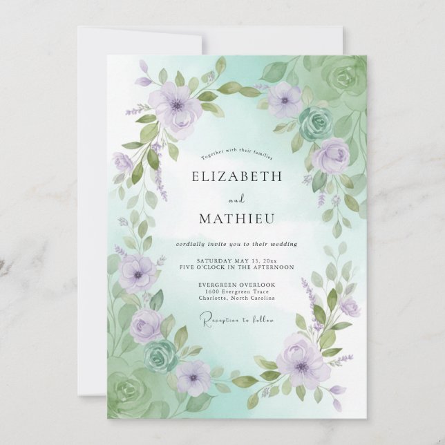 Invitation Mariage Feuille de Menthe Lilas (Devant)