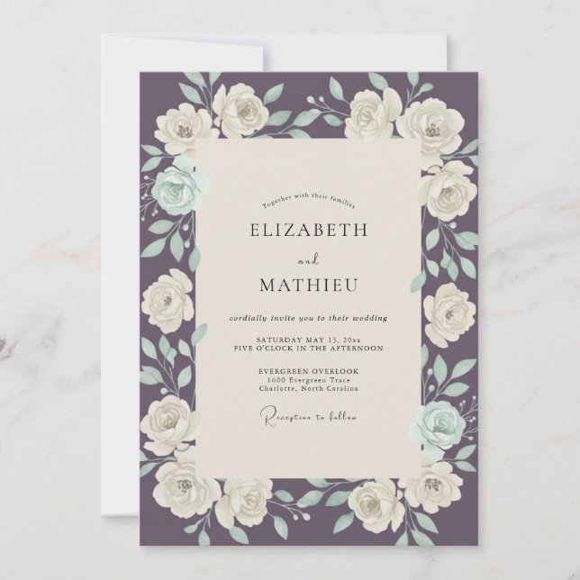 Invitation Mariage Feuille de Menthe Prune (Devant)