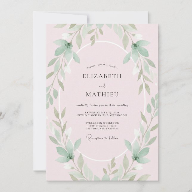Invitation Mariage Feuille de Menthe Rose (Devant)